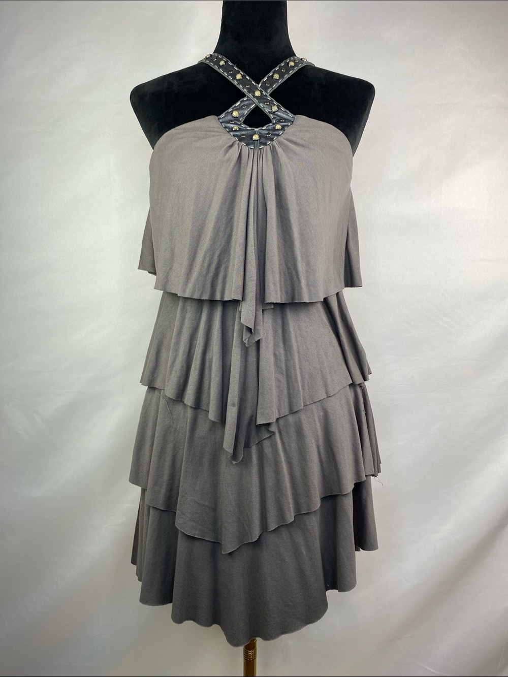 Vintage Y2K Soul Revival Studded Leather Trim Grey Tiered Ruffle Dress Size M